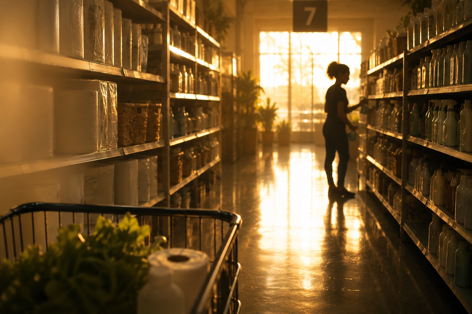 A sunlit grocery aisle at golden hour — aisle 7, paper towels and cleaning bottles on the shelves, a woman stocking a shelf in silhouette, a cart of greens in the foreground